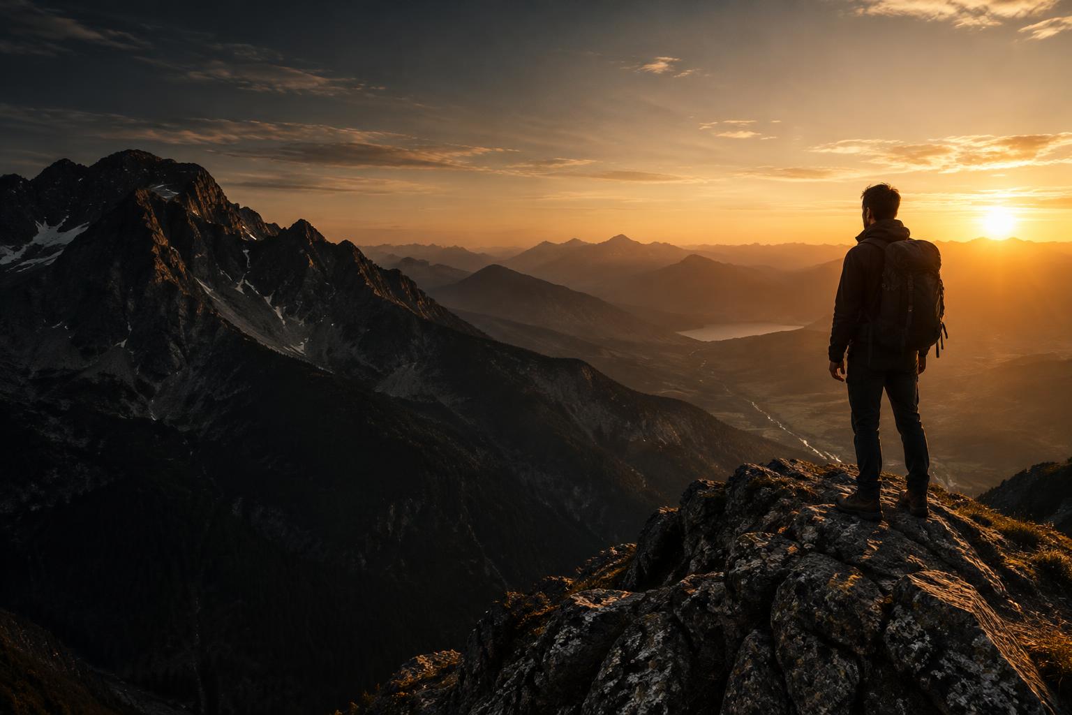 A man looking across mountain peaks at sunrise